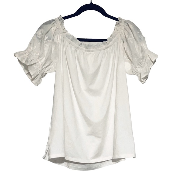Anthropologie One September Size Small Embroidered Puff Sleeve White Boho Top - Picture 1 of 4